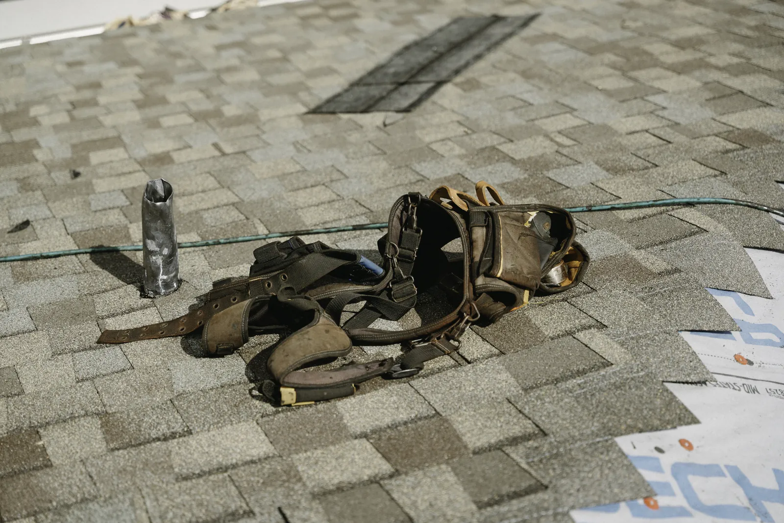 Roof safety harness resting on a shingle roof during inspection