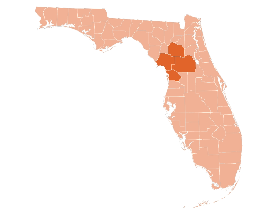 A Florida map highlighting the service areas of the Williston location of West Orange Roofing