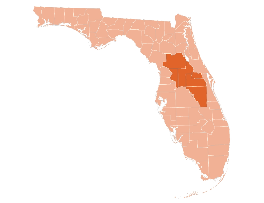 A graphic of a Florida map showing the service area of West Orange Roofing.