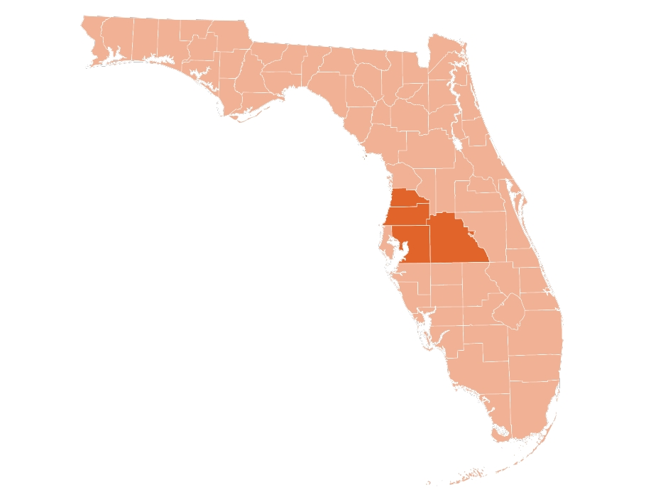 A Florida map graphic highlighting the service area of the Auburndale, Florida West Orange Roofing office